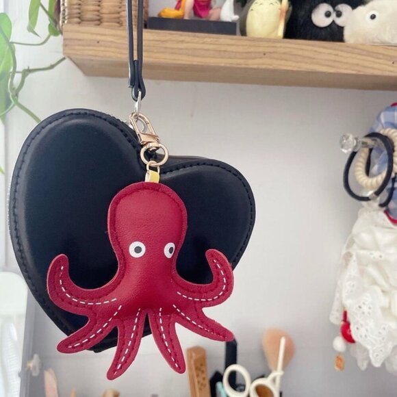 Burgundy Leather Octopus Lightweight Keychain bag charm 5 inch x 3 inch NEW - Picture 2 of 4
